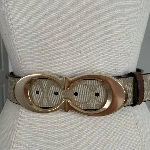 EUC COACH 38mm KISS C SIG PVC/Leather Womens Light Khaki/ Gold Belt Sz M - Picture 3 of 8